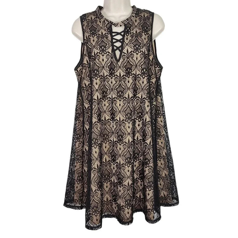 Wishful Park Shift A-line Dress Women Size XL Black Tan Lined Sleeveless Lattice